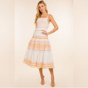 Sunday Up White Smocked Maxi with Pink and Orange Embroidery Large